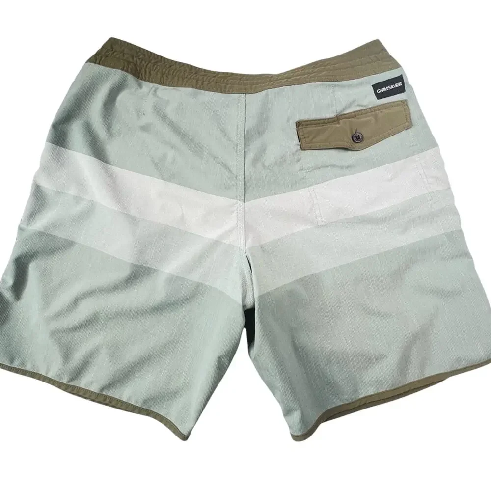 Quiksilver Mens Boardshorts 38 Sage Green Colorblock Stripe Swim Shorts Stretch